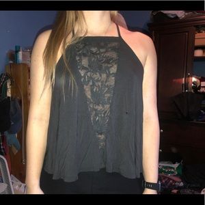 Halter dark gray tank w deep V see thru material